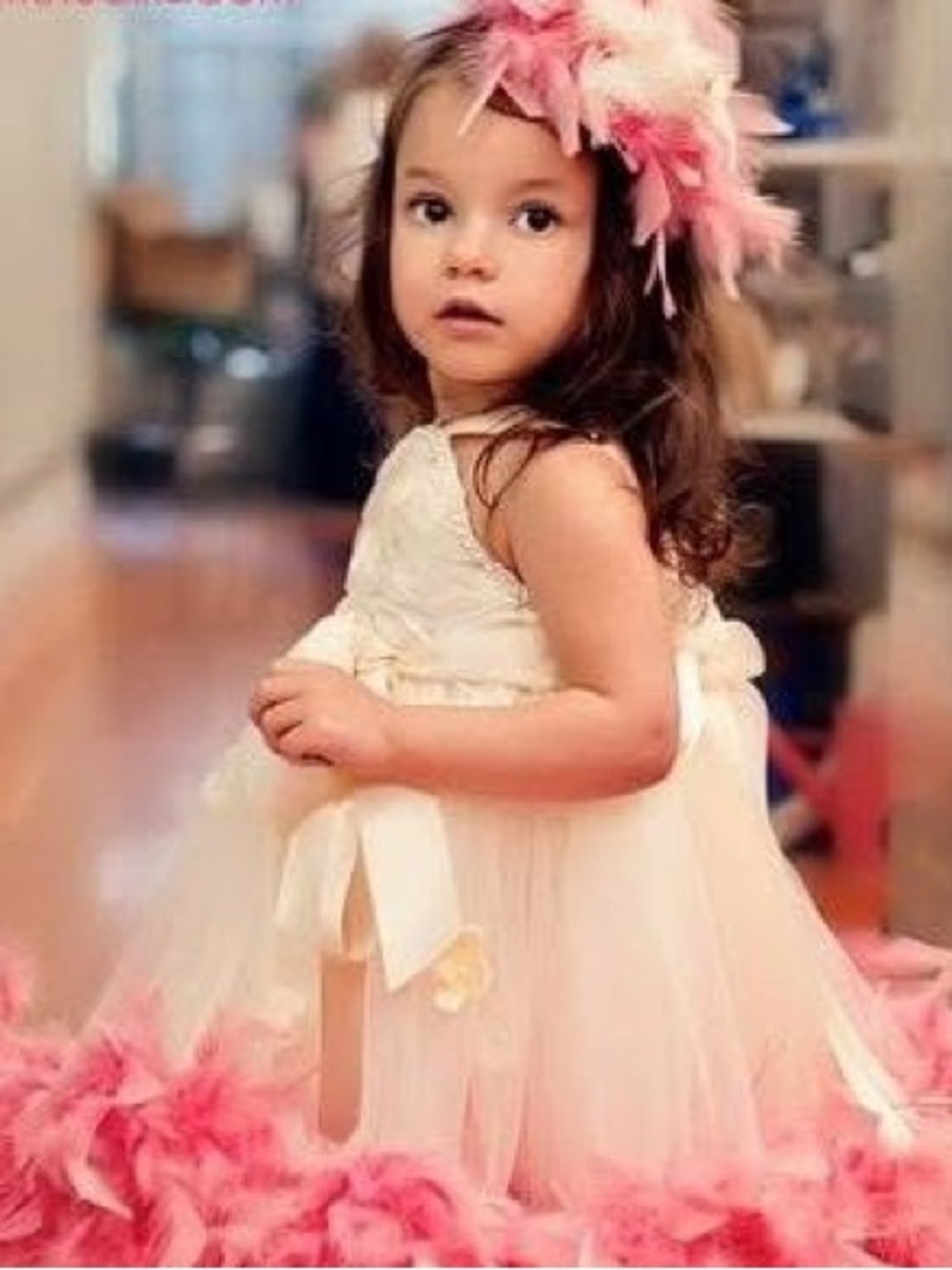 Pink Feather Trim Tulle Dress